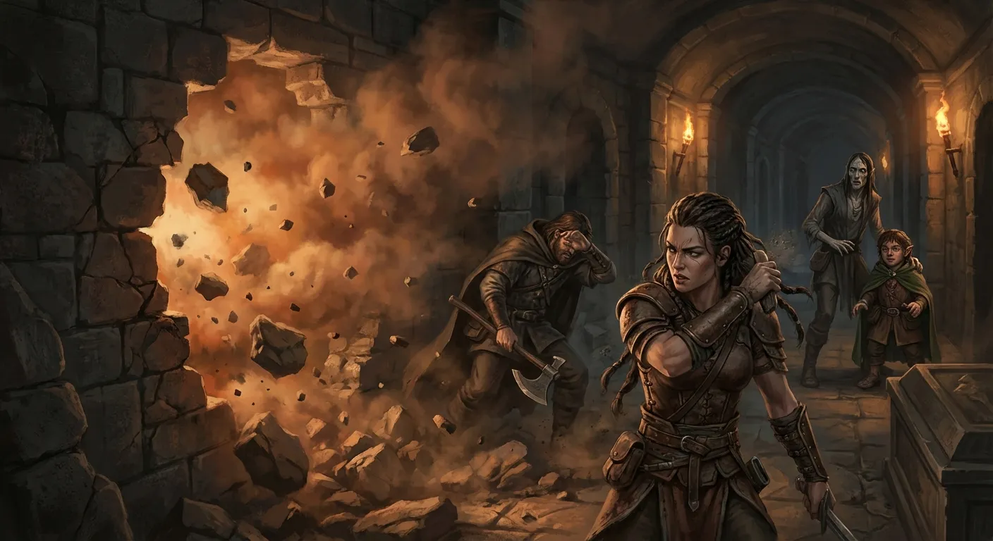 The wall explodes in the crypt corridor