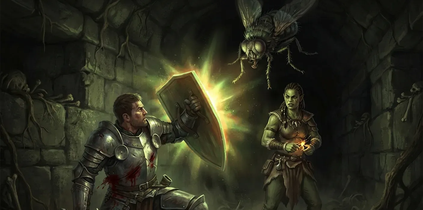 Bancroft's shield erupts with green divine light in the total darkness of the barrow