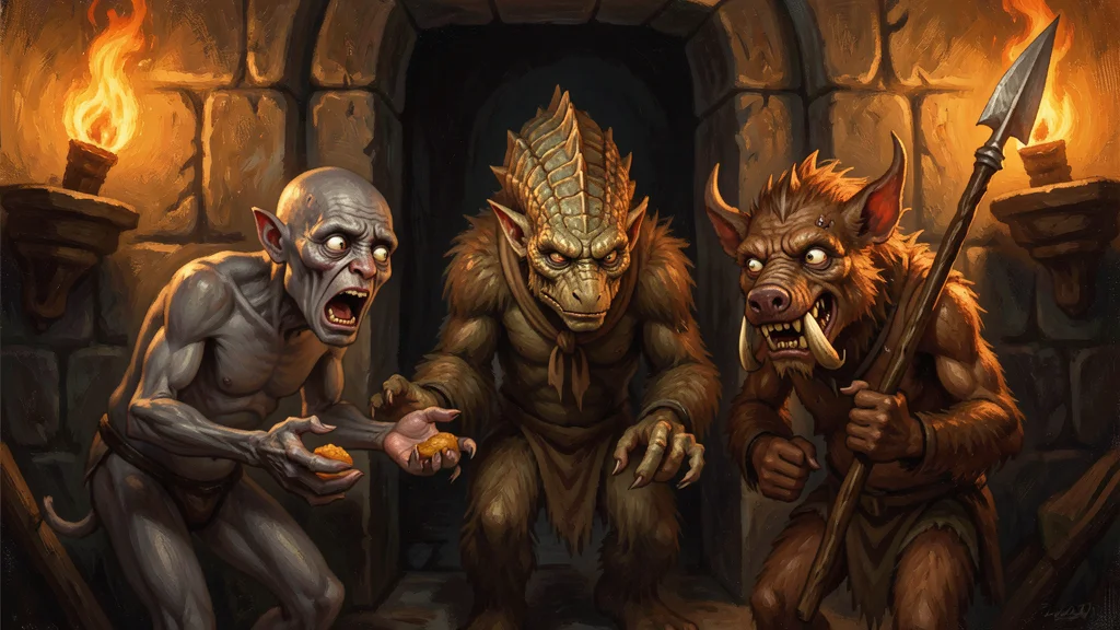 Three twisted mongrel-folk in a dark stone doorway, lit by torchlight, offering food to the party.